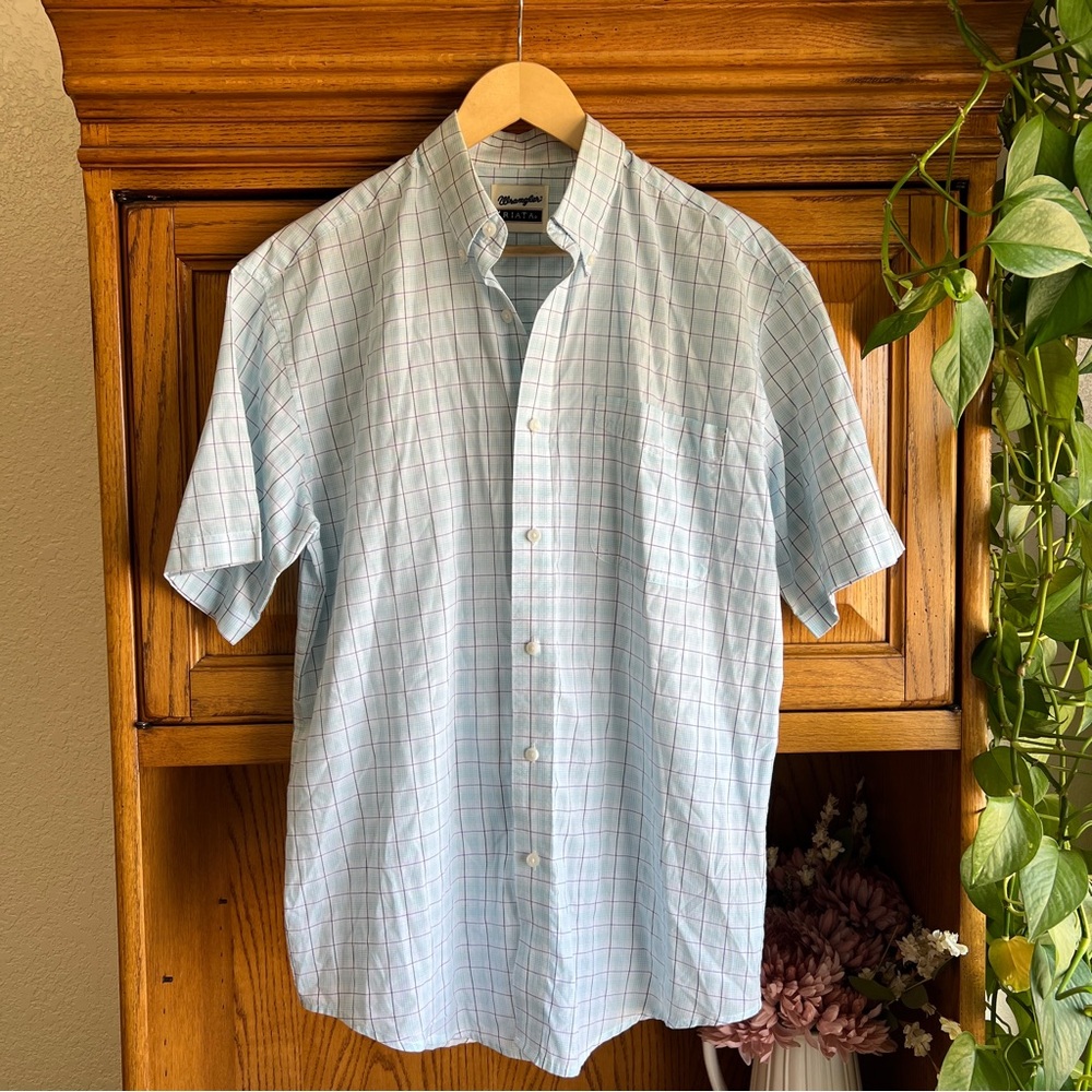 Wrangler Riata Light Blue Plaid Short Sleeve Button Down Shirt Men’s Medium